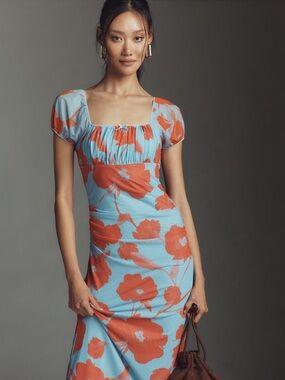 NWT Maeve Puff Sleeve Square-Neck Mesh Midi Dress Blue/orange XL Anthropologie
